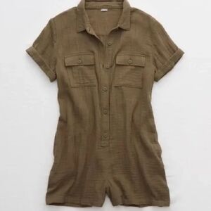 Aerie Softest Utility Romper in Cotton Gauze Olive Green XS